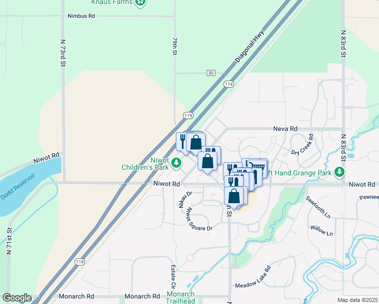 map of restaurants, bars, coffee shops, grocery stores, and more near in Niwot
