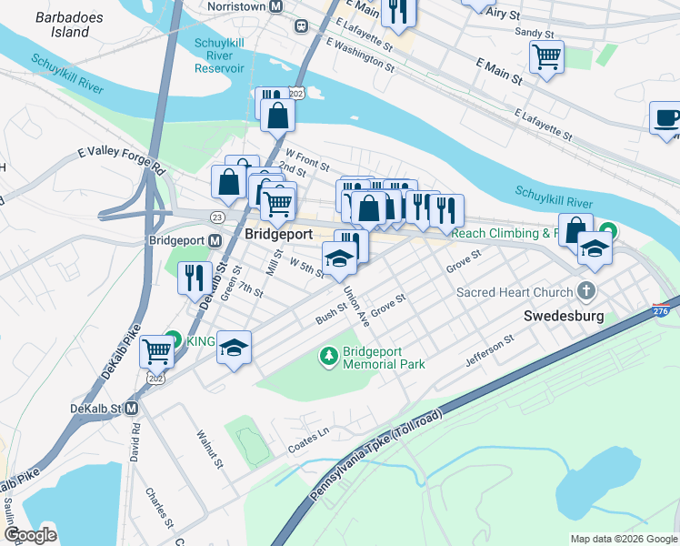 map of restaurants, bars, coffee shops, grocery stores, and more near 494 Ford Street in Bridgeport