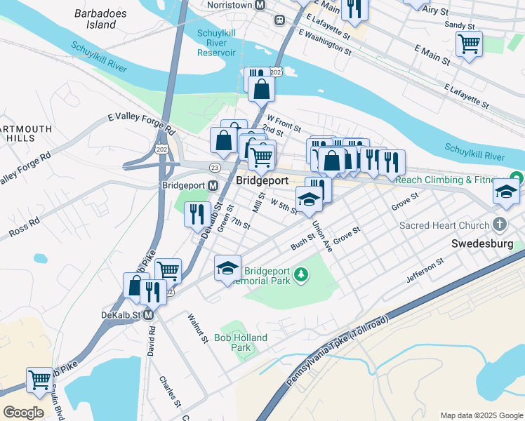 map of restaurants, bars, coffee shops, grocery stores, and more near 60 West 5th Street in Bridgeport