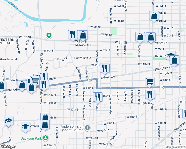 map of restaurants, bars, coffee shops, grocery stores, and more near 1728 West 12th Street in Anderson