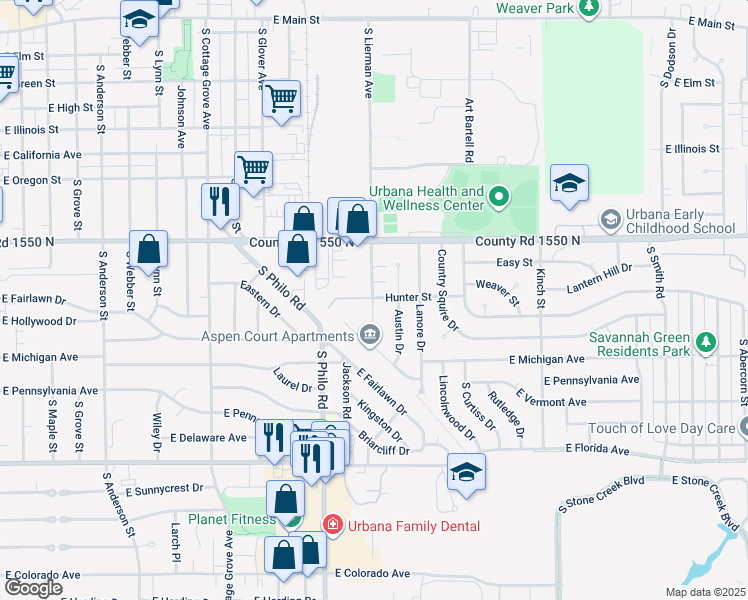 map of restaurants, bars, coffee shops, grocery stores, and more near 1608 Hunter Street in Urbana