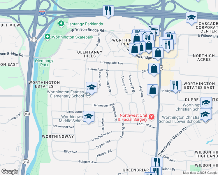 map of restaurants, bars, coffee shops, grocery stores, and more near 6823 Bowerman Street West in Worthington