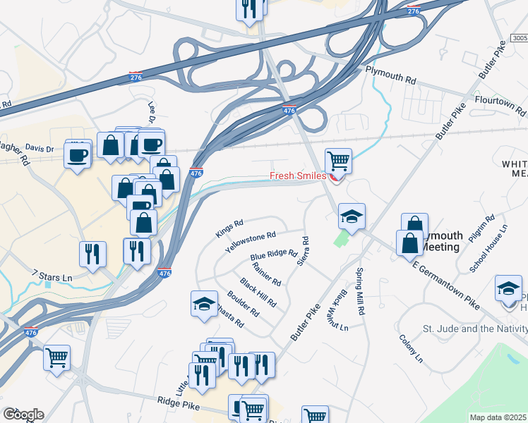 map of restaurants, bars, coffee shops, grocery stores, and more near 112 Kings Road in Plymouth Meeting