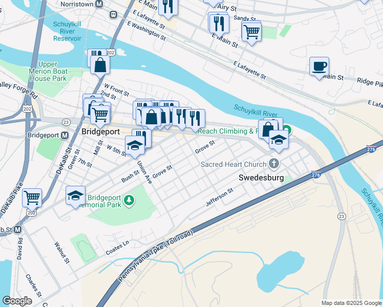 map of restaurants, bars, coffee shops, grocery stores, and more near 222 Holstein Street in Bridgeport
