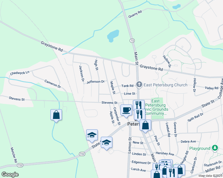 map of restaurants, bars, coffee shops, grocery stores, and more near 6271 Carpenter Street in East Petersburg