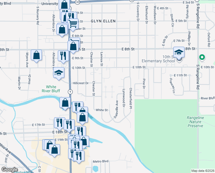 map of restaurants, bars, coffee shops, grocery stores, and more near 2520 Pamela Court in Anderson