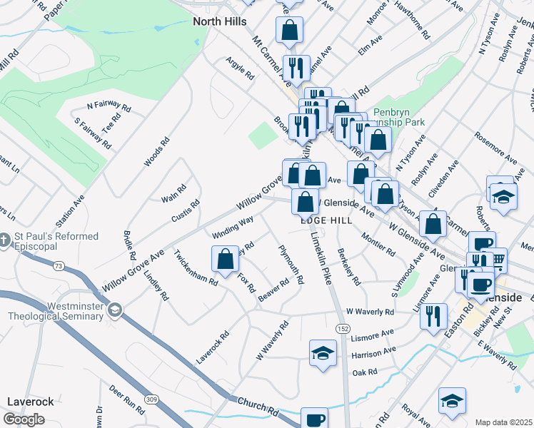 map of restaurants, bars, coffee shops, grocery stores, and more near 447 Plymouth Road in Glenside