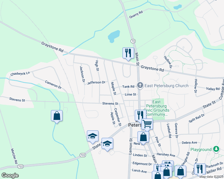 map of restaurants, bars, coffee shops, grocery stores, and more near 6271 Carpenter Street in East Petersburg