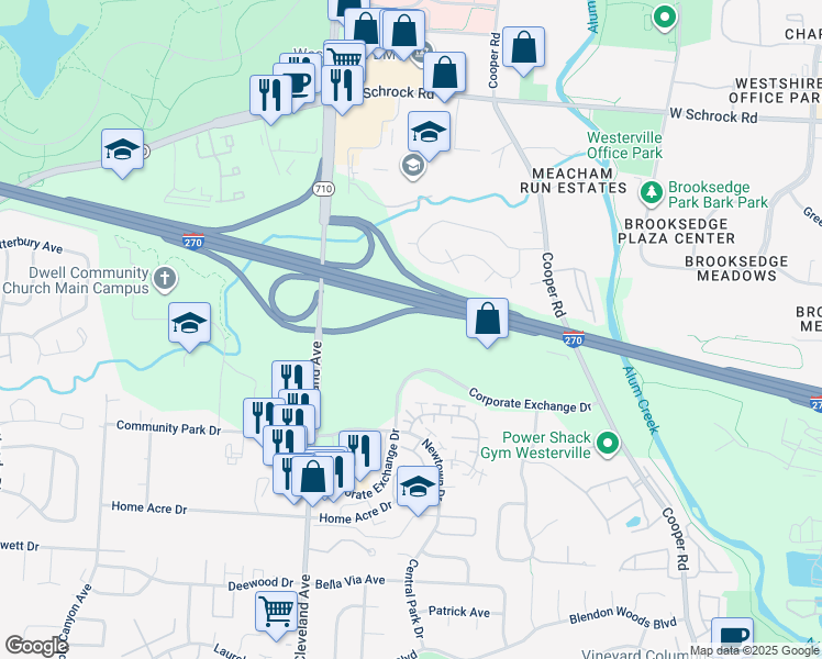 map of restaurants, bars, coffee shops, grocery stores, and more near 2600 Corporate Exchange Drive in Columbus