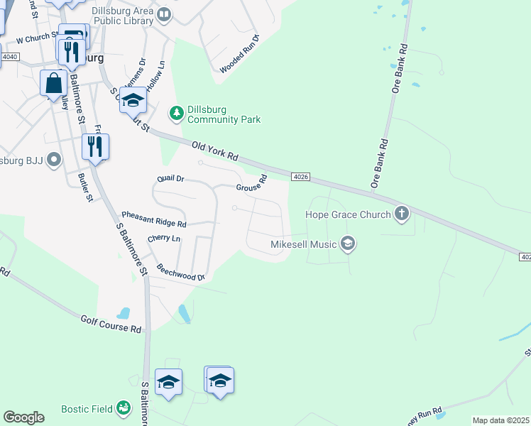 map of restaurants, bars, coffee shops, grocery stores, and more near 12 Windy Lane in Dillsburg