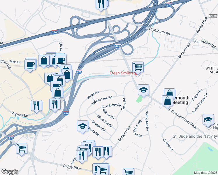 map of restaurants, bars, coffee shops, grocery stores, and more near 110 Kings Road in Plymouth Meeting