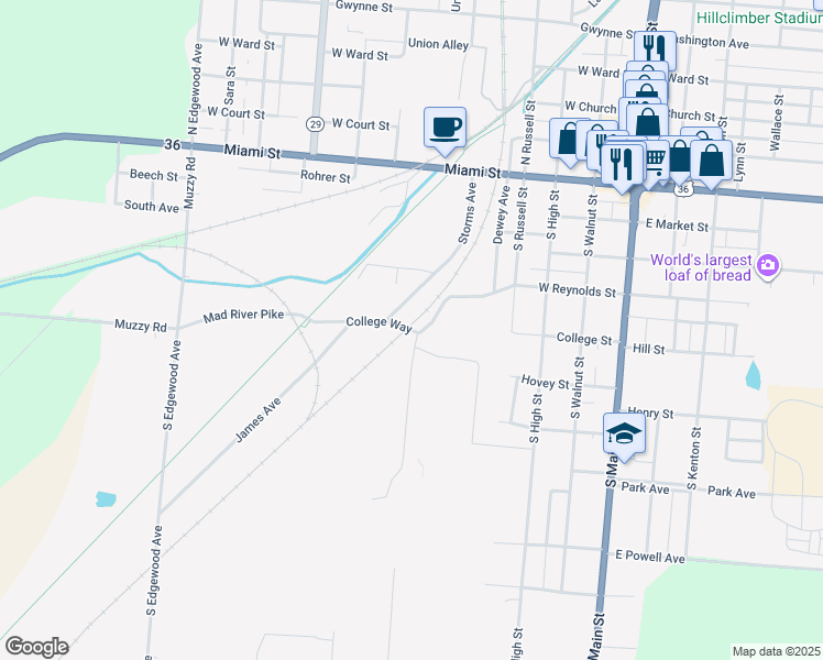 map of restaurants, bars, coffee shops, grocery stores, and more near College Way in Urbana