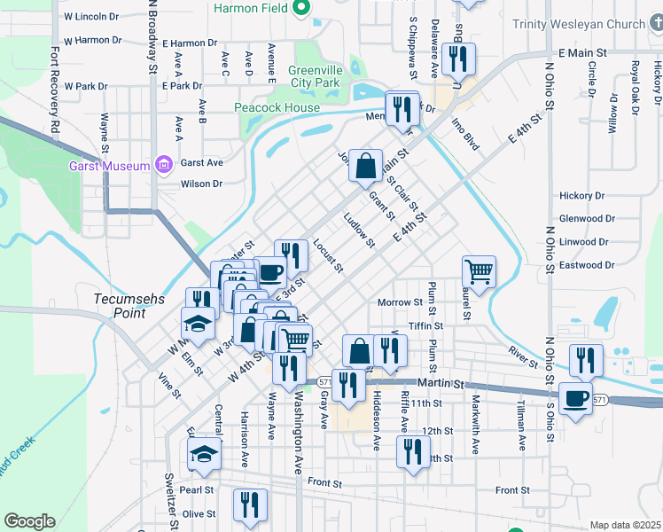 map of restaurants, bars, coffee shops, grocery stores, and more near 339 East 3rd Street in Greenville