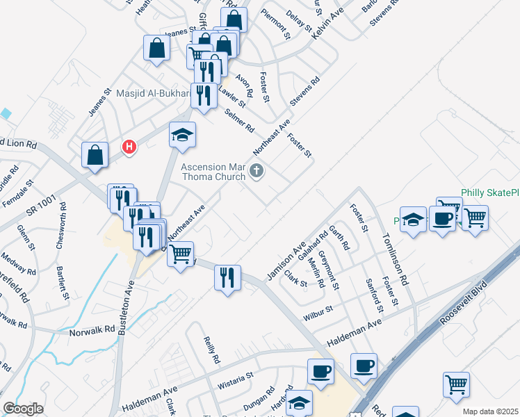 map of restaurants, bars, coffee shops, grocery stores, and more near 10174 Dedaker Drive in Philadelphia