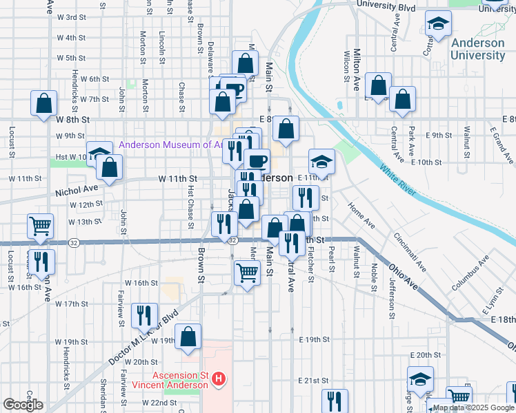 map of restaurants, bars, coffee shops, grocery stores, and more near 1203 Main Street in Anderson