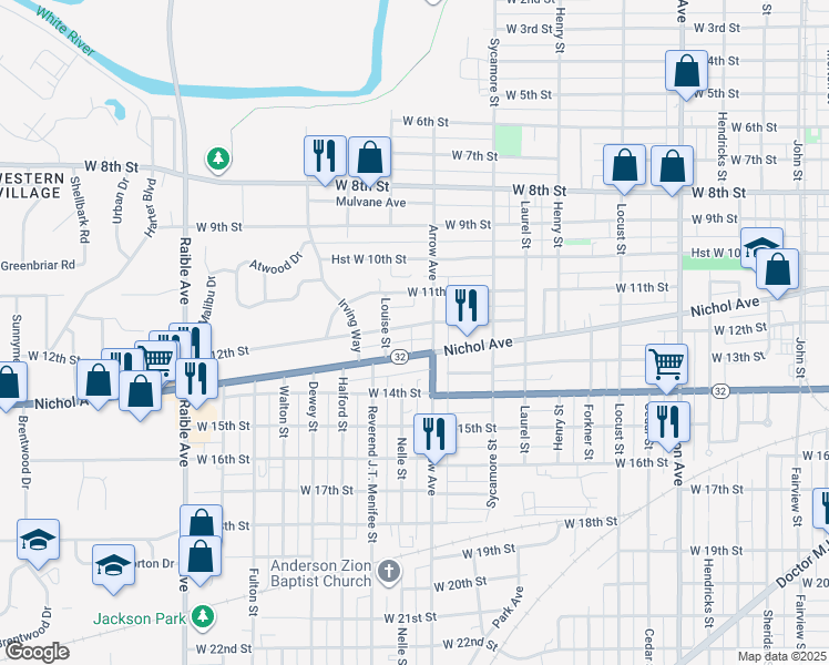 map of restaurants, bars, coffee shops, grocery stores, and more near 1728 West 12th Street in Anderson