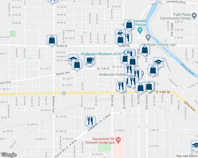 map of restaurants, bars, coffee shops, grocery stores, and more near 329 West 12th Street in Anderson