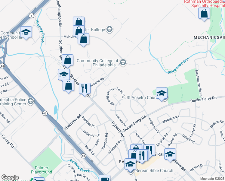 map of restaurants, bars, coffee shops, grocery stores, and more near 12501 Fedor Road in Philadelphia