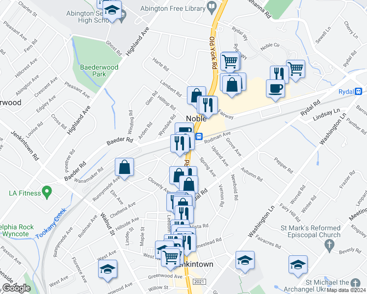 map of restaurants, bars, coffee shops, grocery stores, and more near 746 Old York Road in Jenkintown