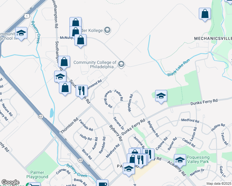 map of restaurants, bars, coffee shops, grocery stores, and more near 12513 Fedor Road in Philadelphia