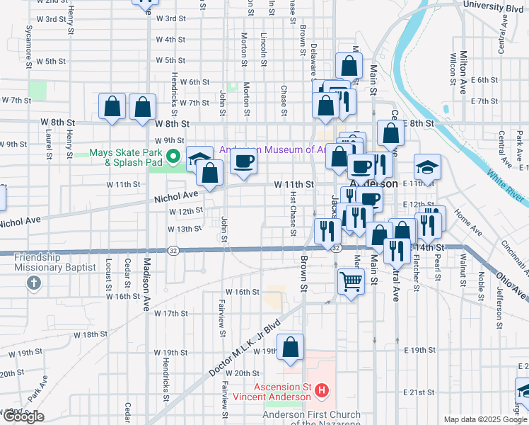 map of restaurants, bars, coffee shops, grocery stores, and more near 1229 Lincoln Street in Anderson