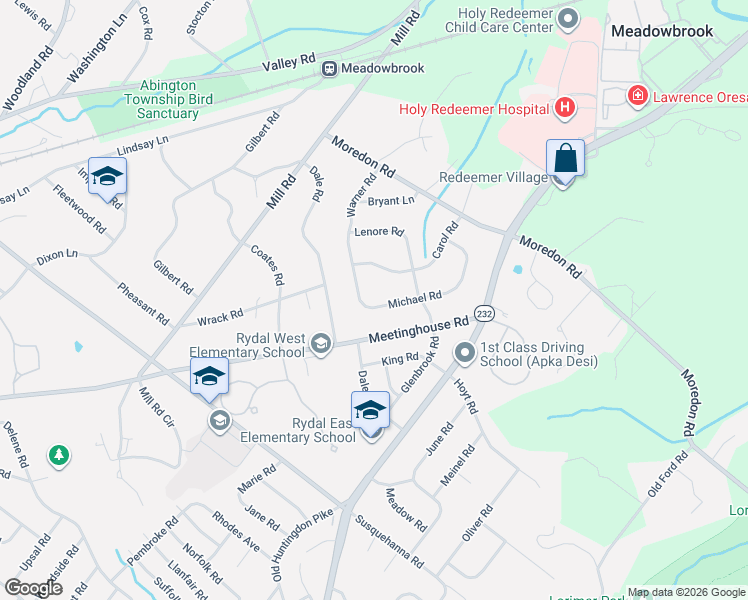 map of restaurants, bars, coffee shops, grocery stores, and more near 1324 Michael Road in Meadowbrook