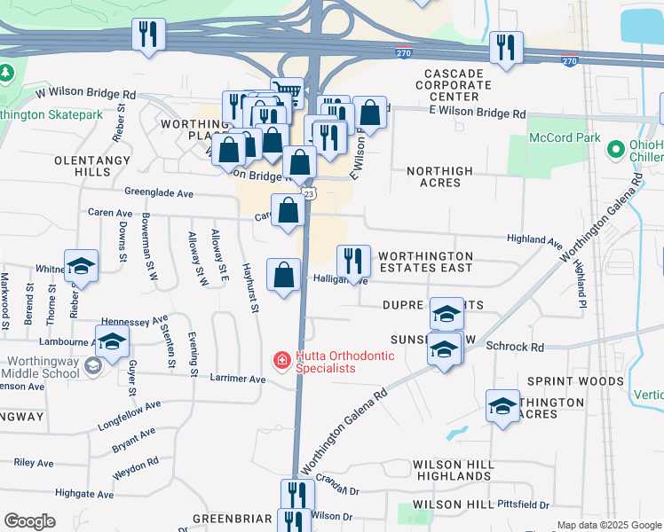 map of restaurants, bars, coffee shops, grocery stores, and more near 6830 High Street in Worthington