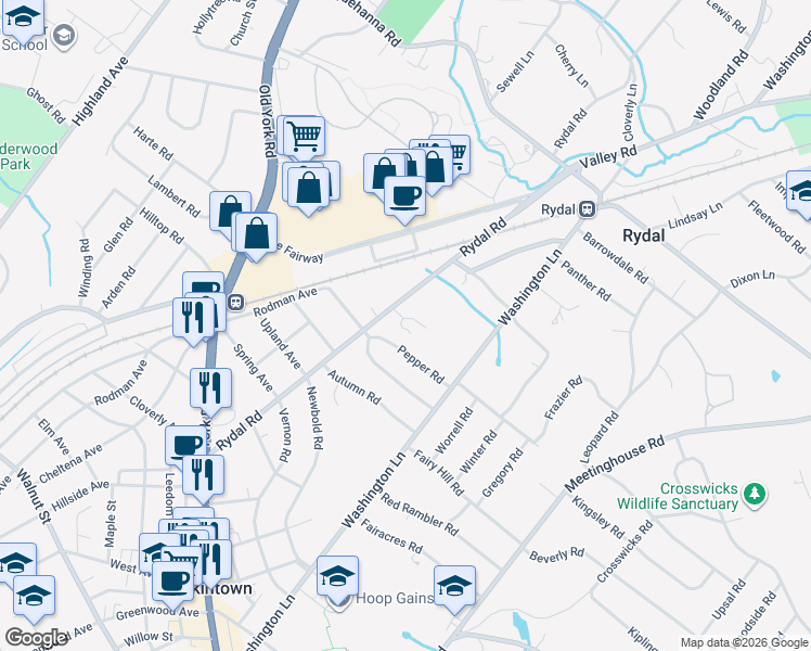 map of restaurants, bars, coffee shops, grocery stores, and more near 931 Rydal Road in Rydal
