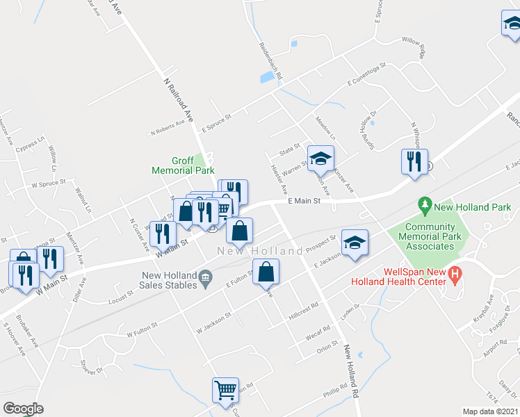 map of restaurants, bars, coffee shops, grocery stores, and more near 240 East Main Street in New Holland