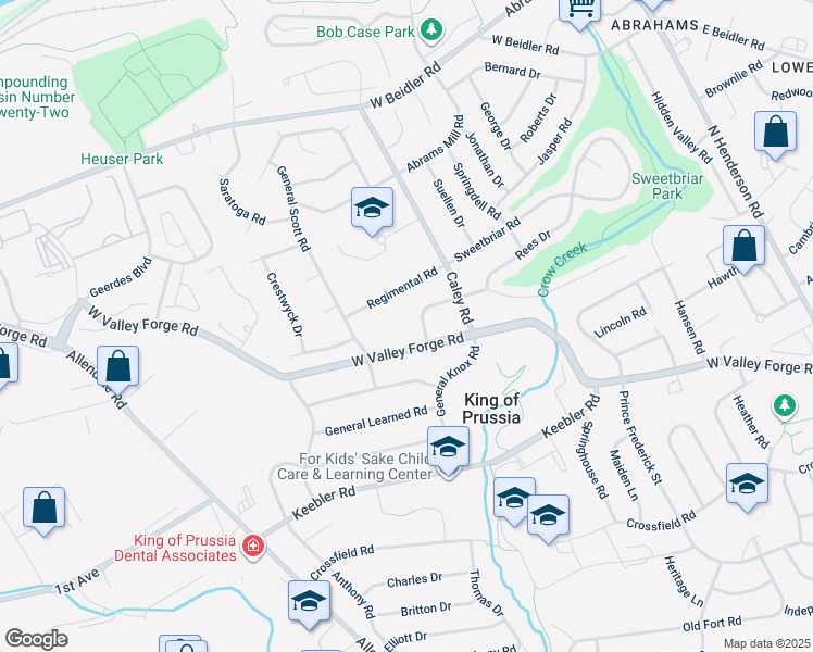 map of restaurants, bars, coffee shops, grocery stores, and more near 424 Covered Bridge Road in King of Prussia