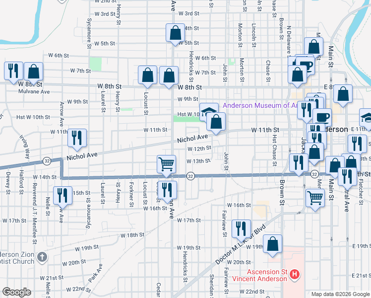 map of restaurants, bars, coffee shops, grocery stores, and more near 825 Nichol Avenue in Anderson
