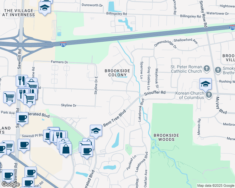 map of restaurants, bars, coffee shops, grocery stores, and more near 2116 Bentwood Circle in Columbus