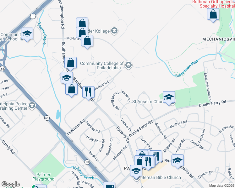 map of restaurants, bars, coffee shops, grocery stores, and more near 12501 Fedor Road in Philadelphia