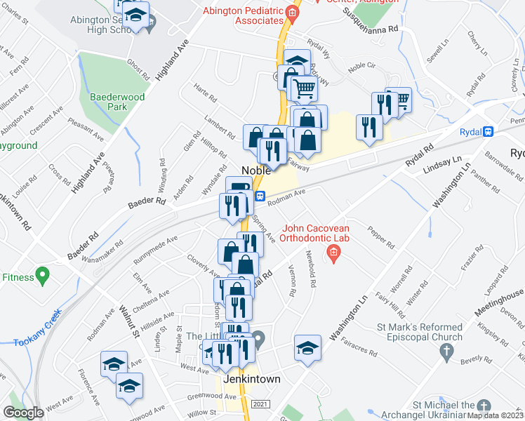 map of restaurants, bars, coffee shops, grocery stores, and more near 781 Rodman Ave in Jenkintown