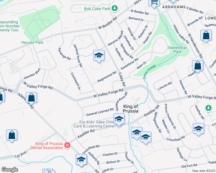 map of restaurants, bars, coffee shops, grocery stores, and more near 424 Covered Bridge Road in King of Prussia