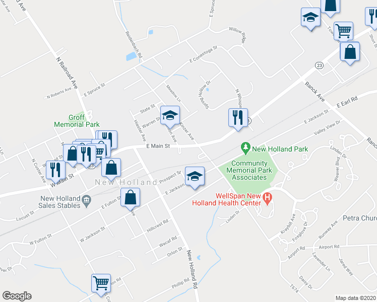 map of restaurants, bars, coffee shops, grocery stores, and more near 378 East Main Street in New Holland