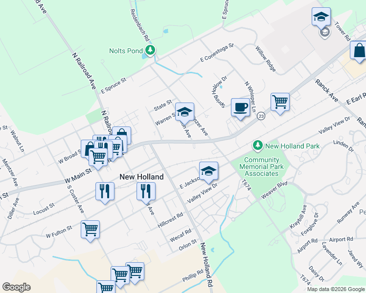 map of restaurants, bars, coffee shops, grocery stores, and more near 354 East Main Street in New Holland
