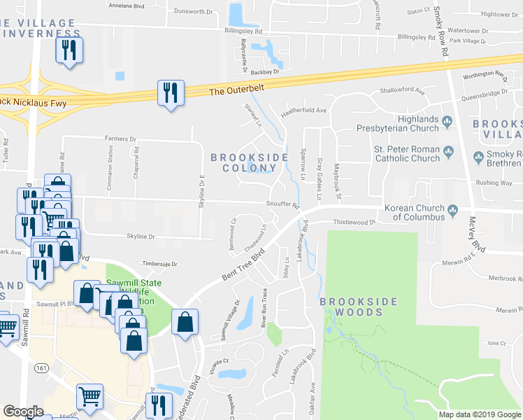 map of restaurants, bars, coffee shops, grocery stores, and more near 2116 Bentwood Circle in Columbus