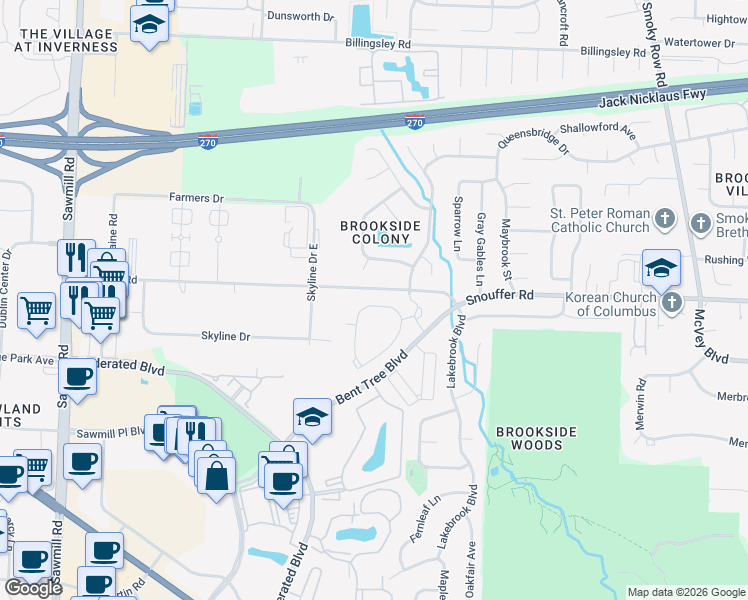map of restaurants, bars, coffee shops, grocery stores, and more near 2116 Bentwood Circle in Columbus