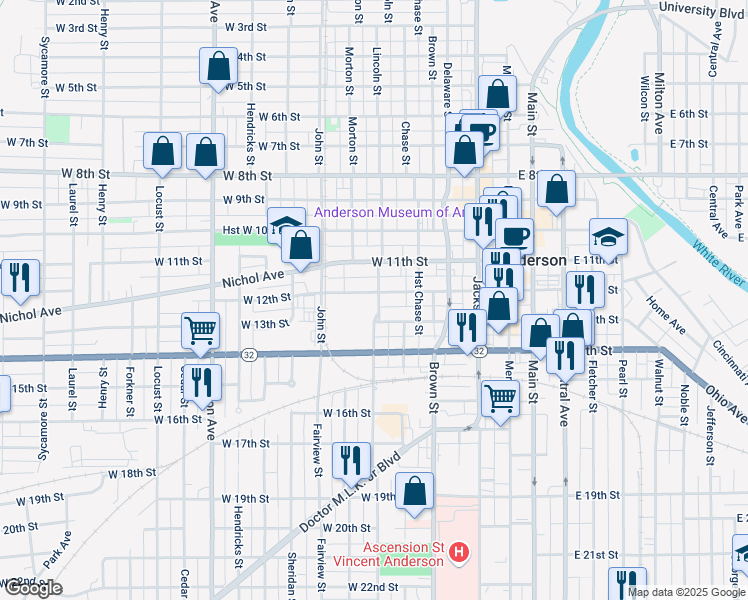 map of restaurants, bars, coffee shops, grocery stores, and more near 329 West 12th Street in Anderson