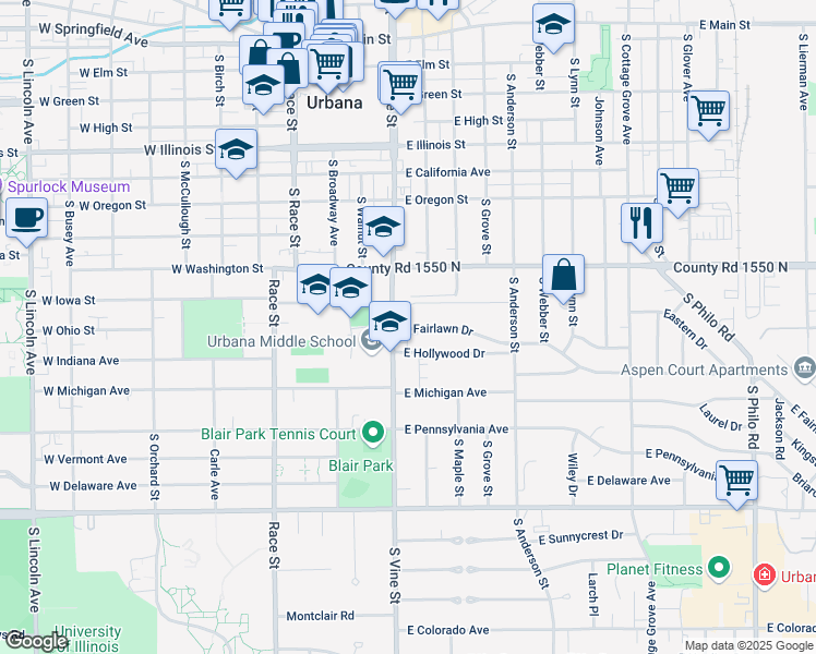 map of restaurants, bars, coffee shops, grocery stores, and more near 304 East Fairlawn Drive in Urbana