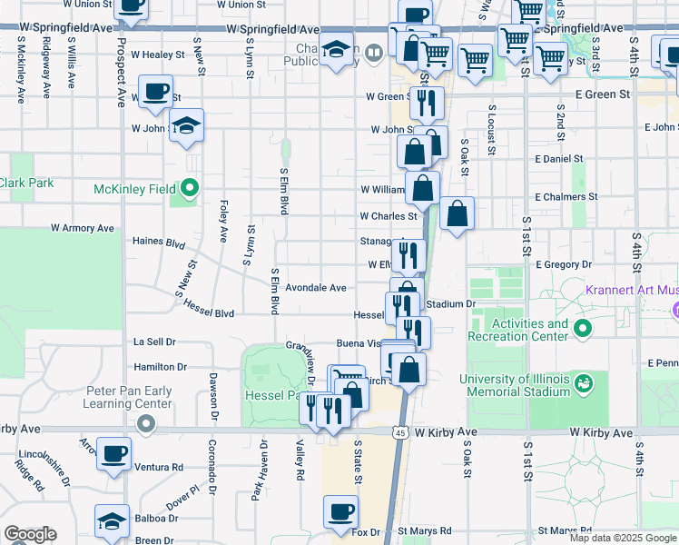 map of restaurants, bars, coffee shops, grocery stores, and more near 311 West Ells Avenue in Champaign