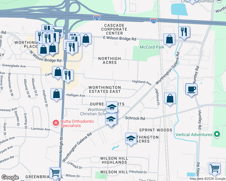 map of restaurants, bars, coffee shops, grocery stores, and more near 215 Abbot Avenue in Worthington