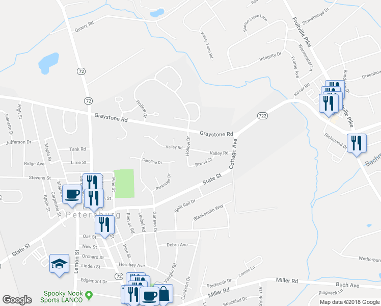map of restaurants, bars, coffee shops, grocery stores, and more near 6285 Hollow Drive in East Petersburg