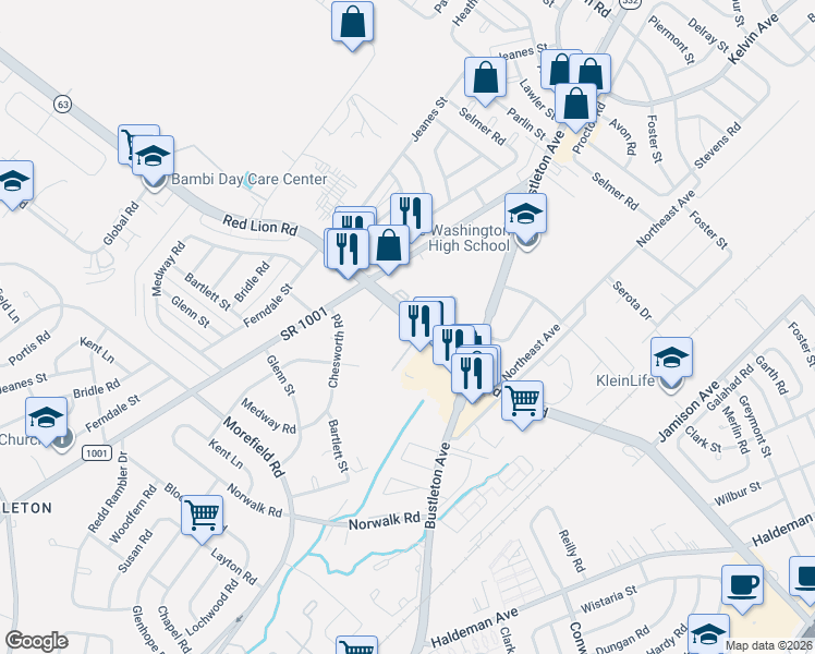 map of restaurants, bars, coffee shops, grocery stores, and more near 828 Red Lion Road in Philadelphia