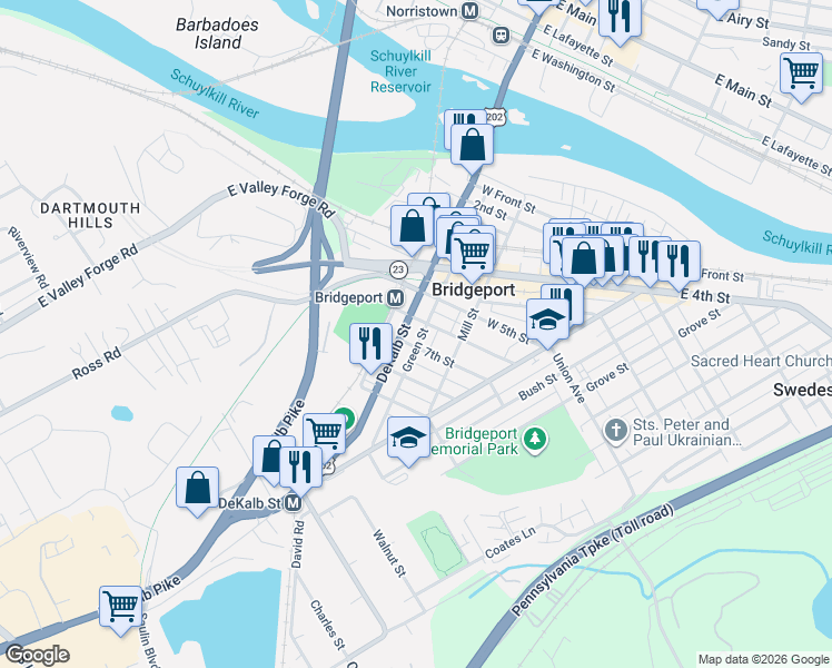 map of restaurants, bars, coffee shops, grocery stores, and more near 612 DeKalb Street in Bridgeport