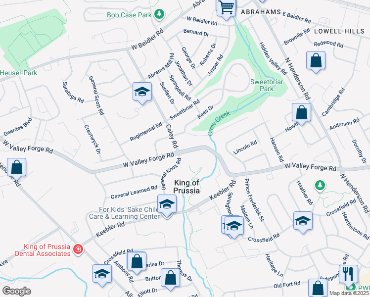 map of restaurants, bars, coffee shops, grocery stores, and more near 394 West Valley Forge Road in King of Prussia