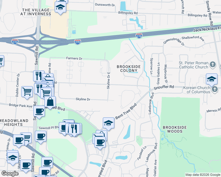 map of restaurants, bars, coffee shops, grocery stores, and more near 3443 Snouffer Road in Columbus