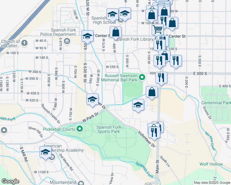 map of restaurants, bars, coffee shops, grocery stores, and more near 459 Spanish Trails Boulevard in Spanish Fork