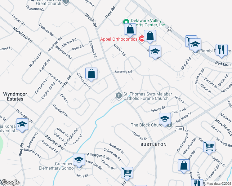 map of restaurants, bars, coffee shops, grocery stores, and more near 9287 Darlington Road in Philadelphia